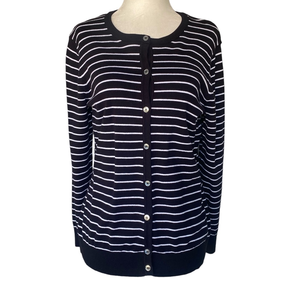 Jones New York Black & White Striped Button Up Sweater/Cardigan Large